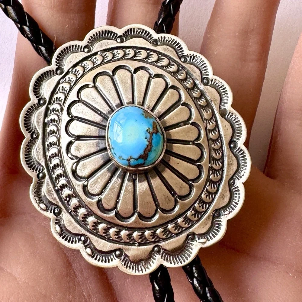 Navajo Golden‎ Hills Blue Turquoise Bolo Tie Sterling Signed TF Native American